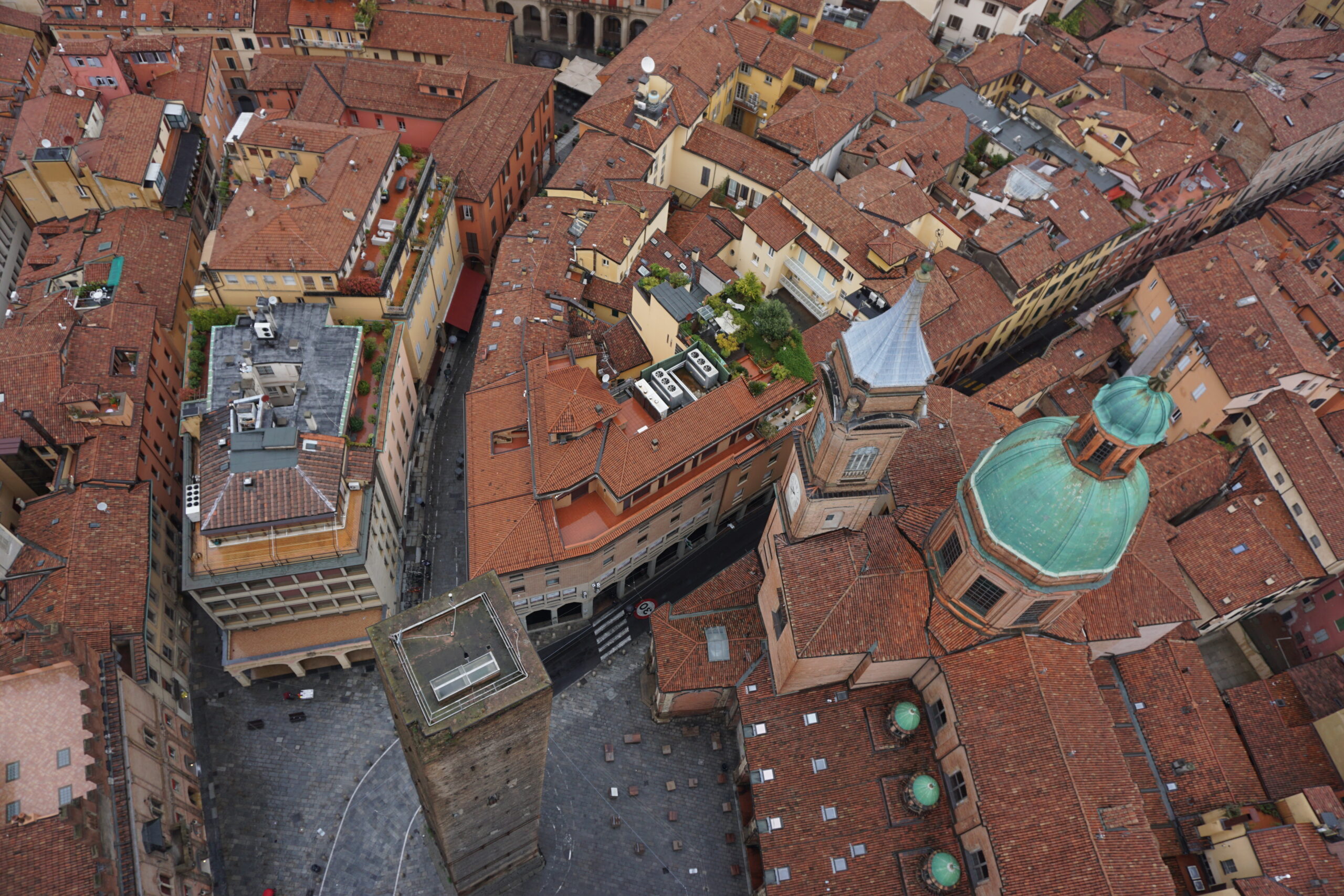 Piazza Ravegnana viewed from the top of the Asinelli Tower - Bologna Piazza Ravegnana viewed from the top of the Asinelli Tower - Bologna